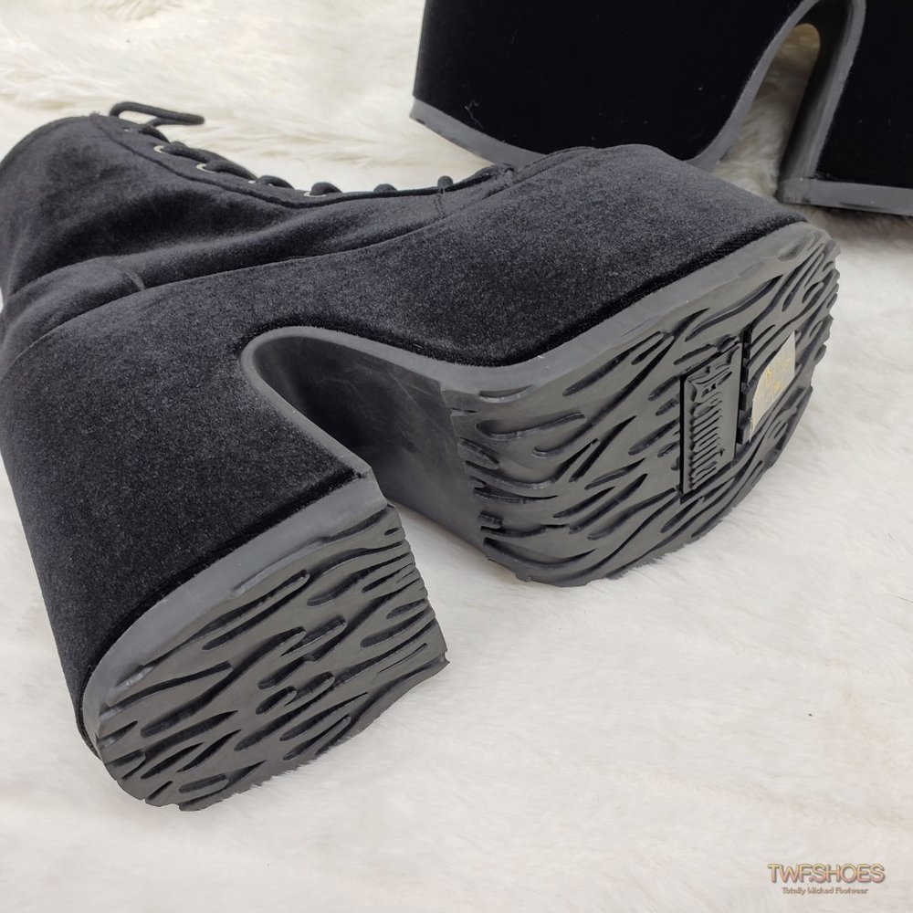 Black Velvet Platform Goth Punk Ankle Boots - Picture 3 of 15